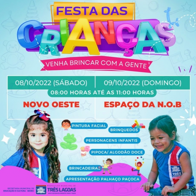 Prefeitura de Três Lagoas promove Festa das Crianças nos dias 08 e 09 (sábado e domingo)