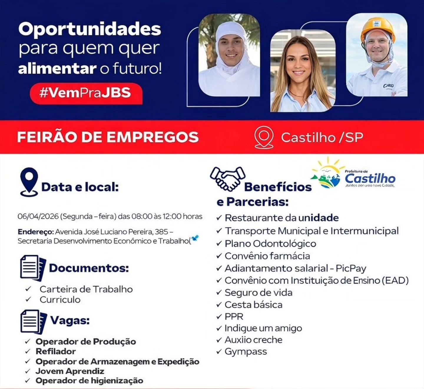 Balcão de Emprego em Castilho realizará entrevistas para o JBS Friboi