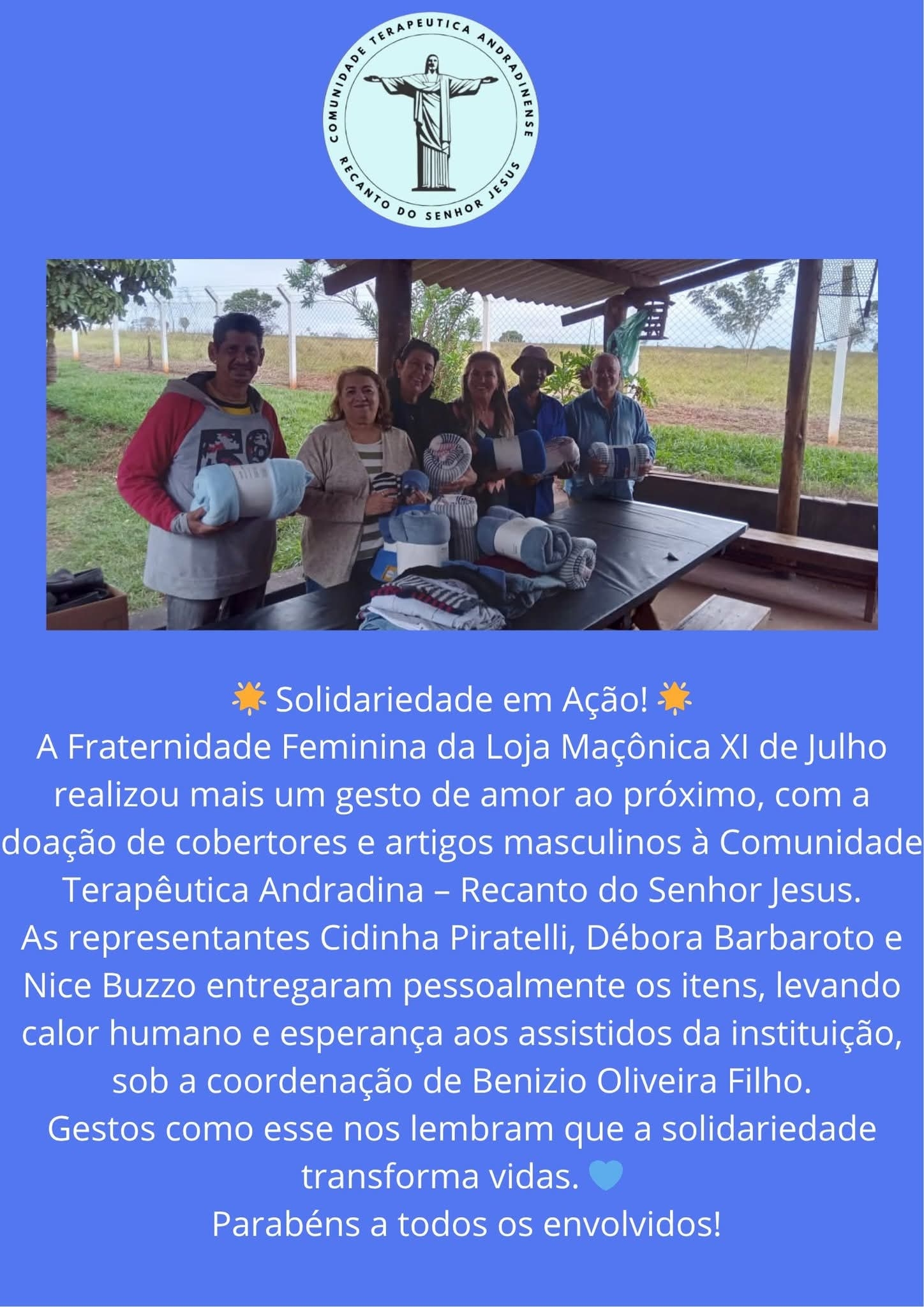 Fraternidade Feminina da Loja Maçônica XI de Julho realiza doação à Comunidade Terapêutica Andradinense