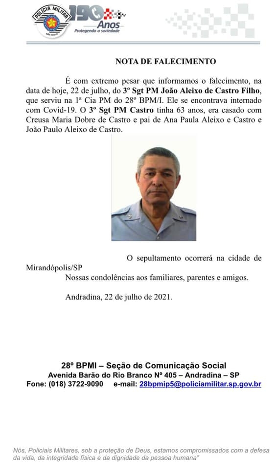 28º Batalhão de Andradina chora a perda do sargento PM João Aleixo de Castro Filho vítima da covid -19