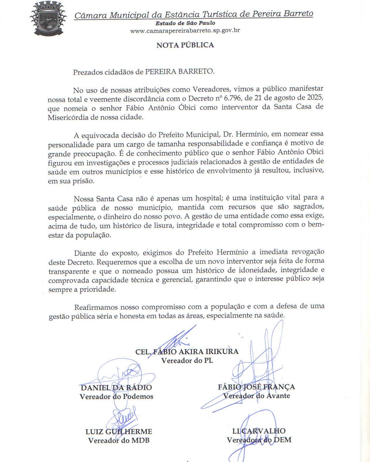 Vereadores solicitam revogação do decreto do novo interventor da Santa Casa de Pereira Barreto