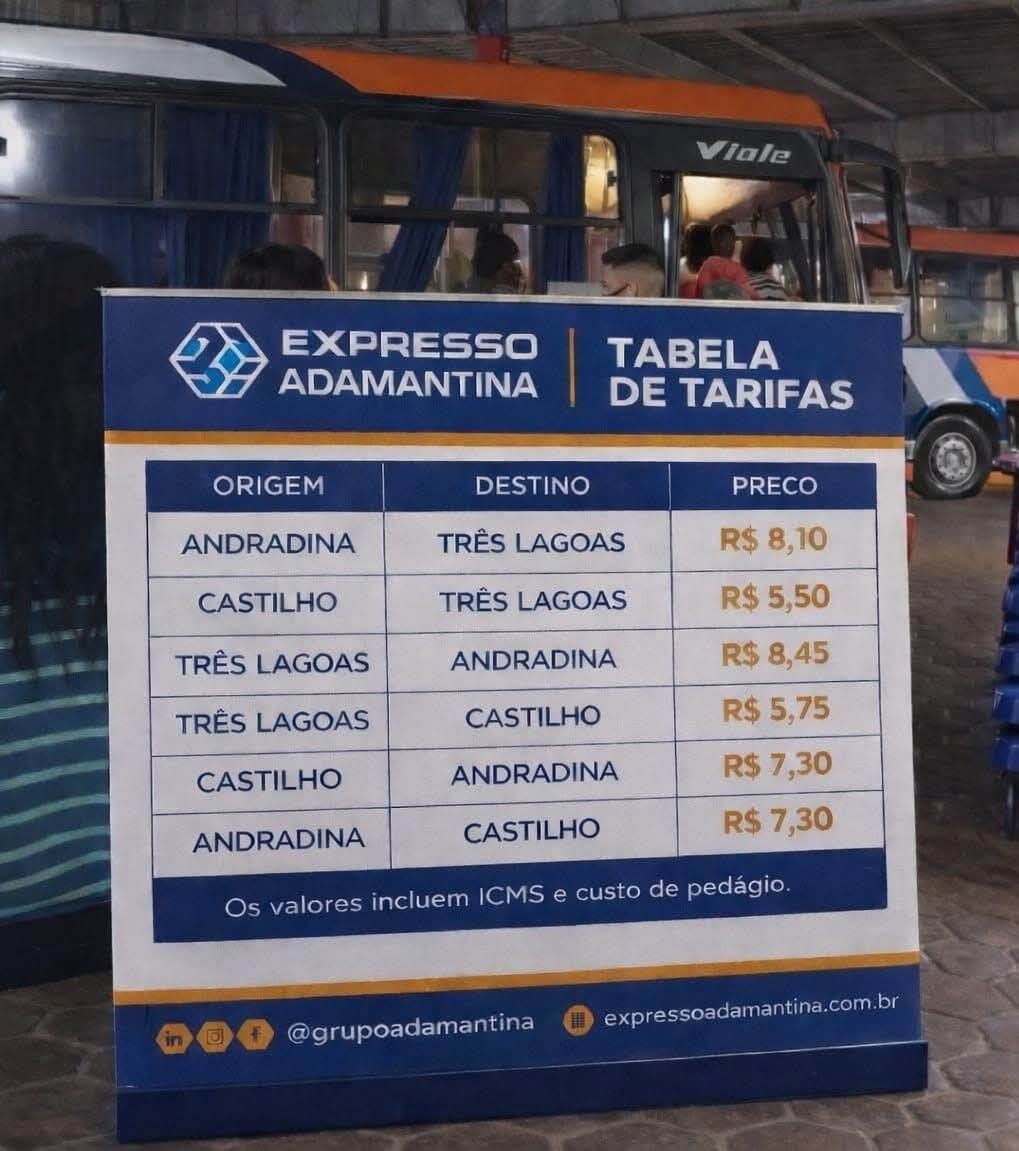 Expresso Adamantina anuncia reajustes nos valores das passagens dos ônibus que atendem Andradina, Castilho e Três Lagoas