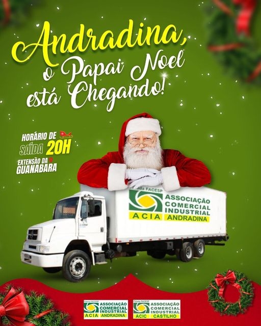 Chegada do Papai Noel será nesta terça-feira (14) a partir da 20h no comércio de Andradina