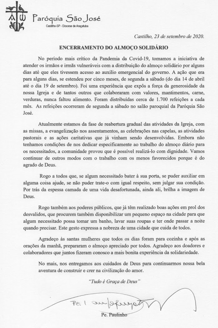 Em 05 meses de pandemia Igreja Católica São José de Castilho distribuiu mais de 8 mil refeições