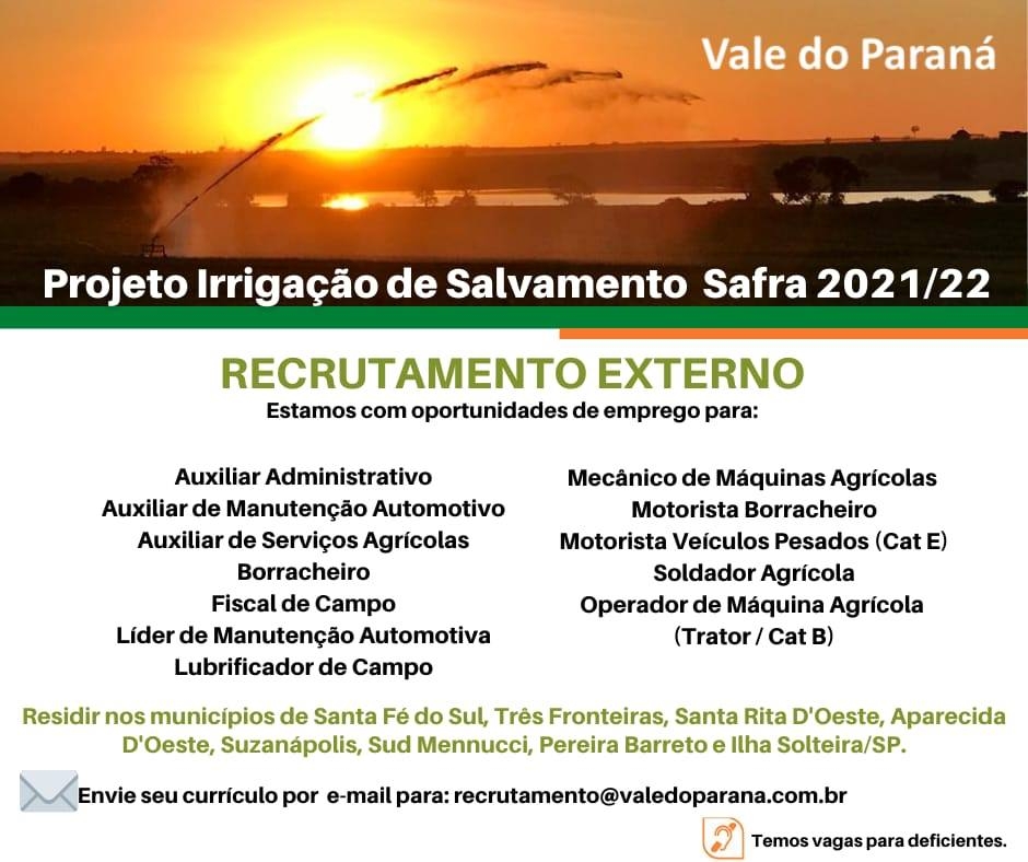 EM SUZANÁPOLIS VAGAS DE TRABALHO NA USINA VALE DO PARANÁ