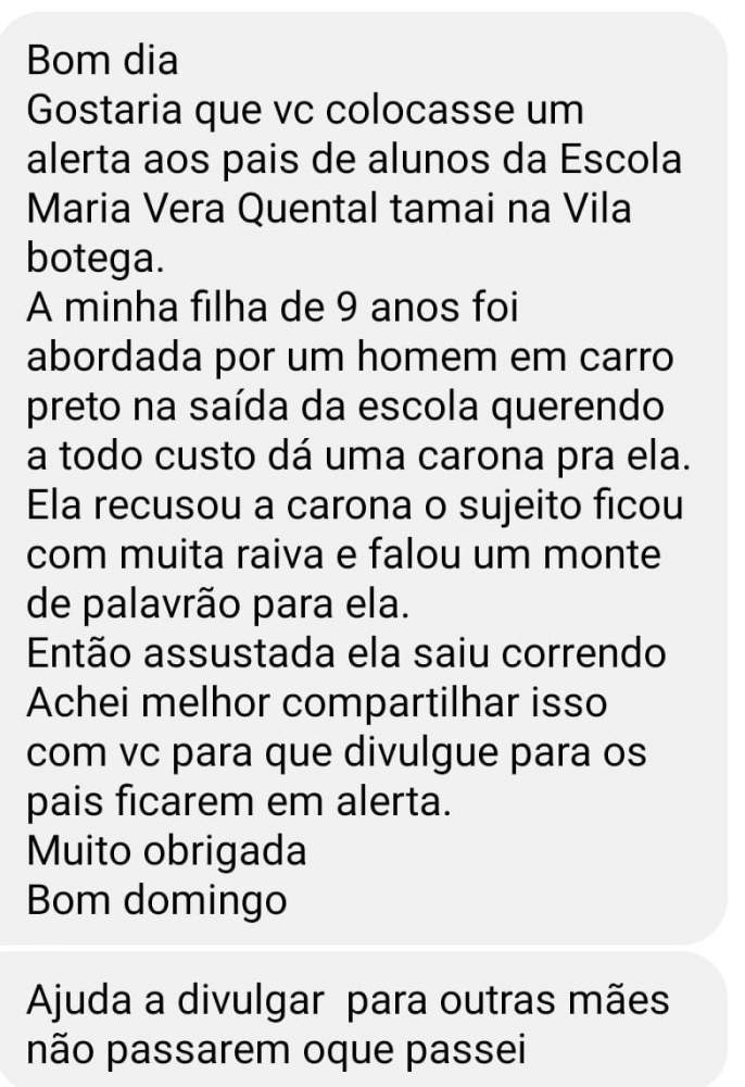 Mãe de Andradina alerta sobre 'homem de carro preto' abordando aluna no trajeto da escola