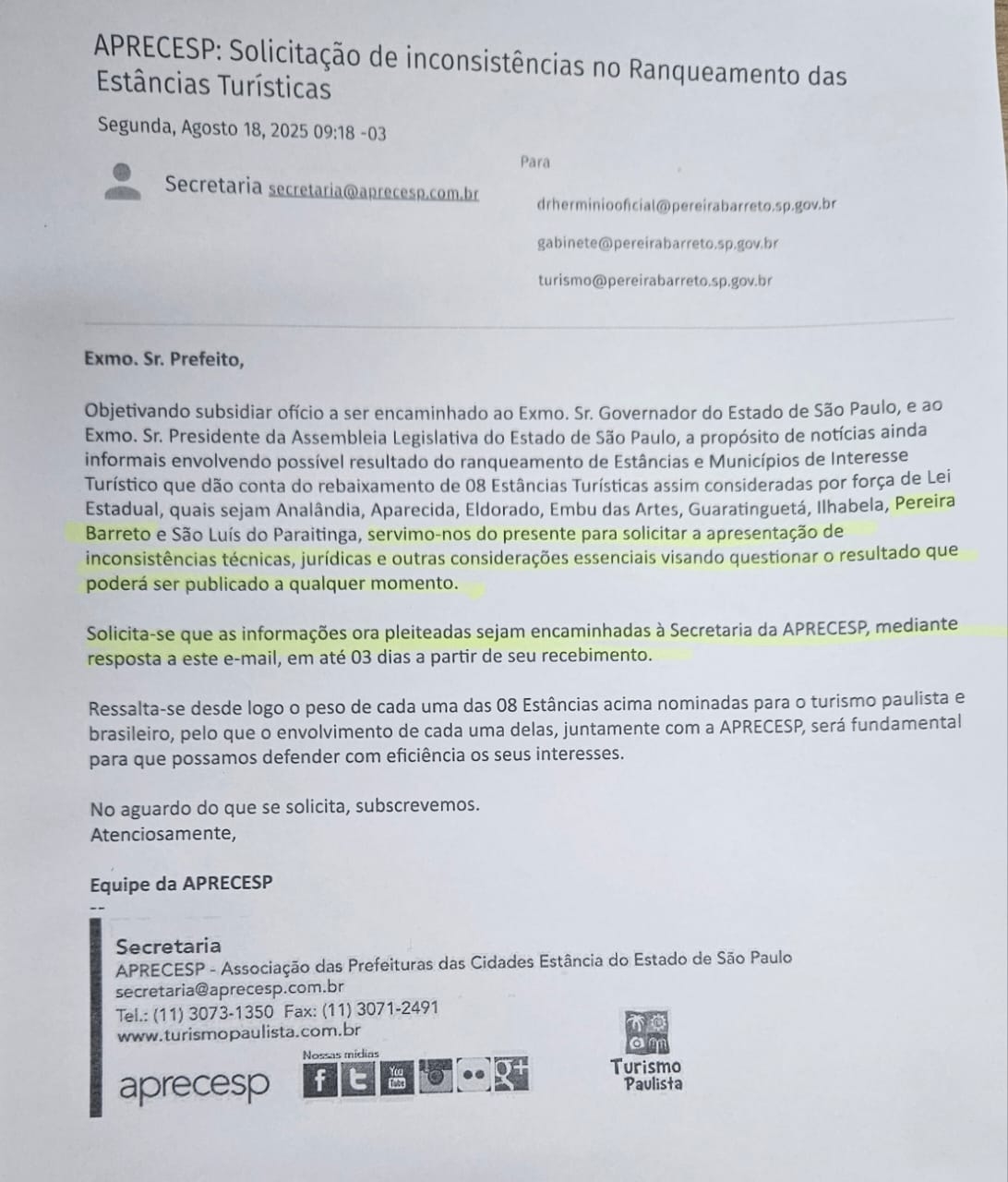 ALERTA: Pereira Barreto e outras 07 cidades podem perder R$ 3MI em recursos destinados às Estâncias Turísticas paulistas