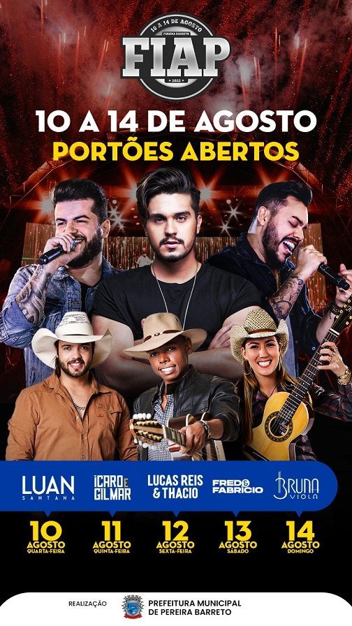 Prefeitura de Pereira Barreto divulga grade de shows da FIAP 2022 com portões abertos todos os dias