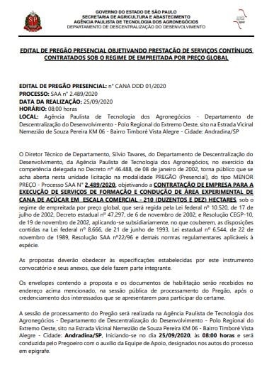 GOVERNO DÓRIA AUTORIZA PLANTIO DE CANA EM 220 HECTARES DA FAZENDA DO ESTADO EM ANDRADINA