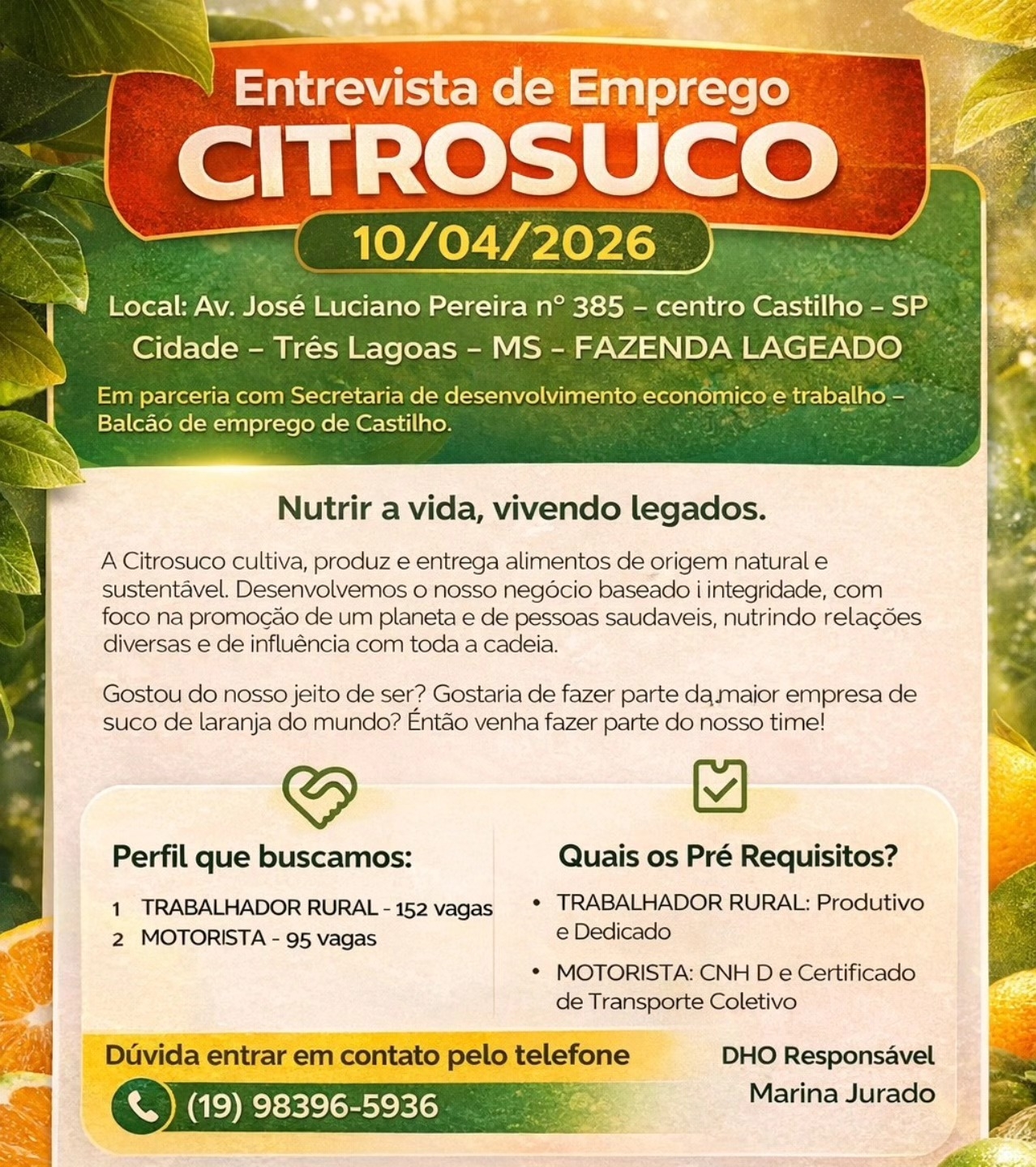 Citrosuco realizará entrevistas de emprego em Castilho com mais de 200 vagas disponíveis