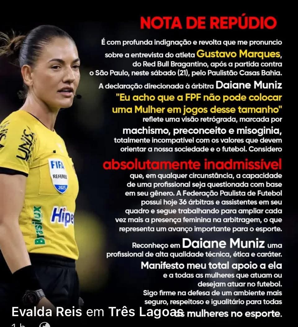 Vereadora Evalda Reis repudia fala machista contra árbitra três-lagoense reforça defesa da igualdade no esporte