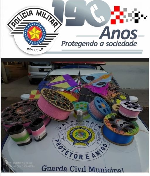 Polícia Militar e Guarda Municipal de Araçatuba apreendem dezenas de pipas com cerol em local proíbido