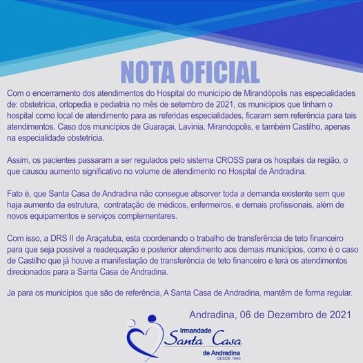 Santa Casa de Andradina pede socorro após encerramento de algumas especialidades em Mirandópolis