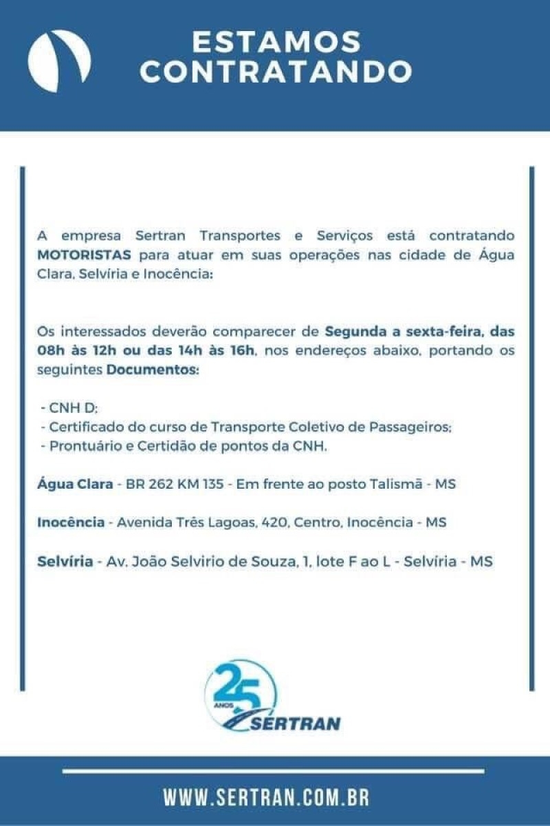 EMPRESA SERTRAN ESTÁ CONTRATANDO MOTORISTAS PARA SELVÍRIA E OUTRAS CIDADES DE MS