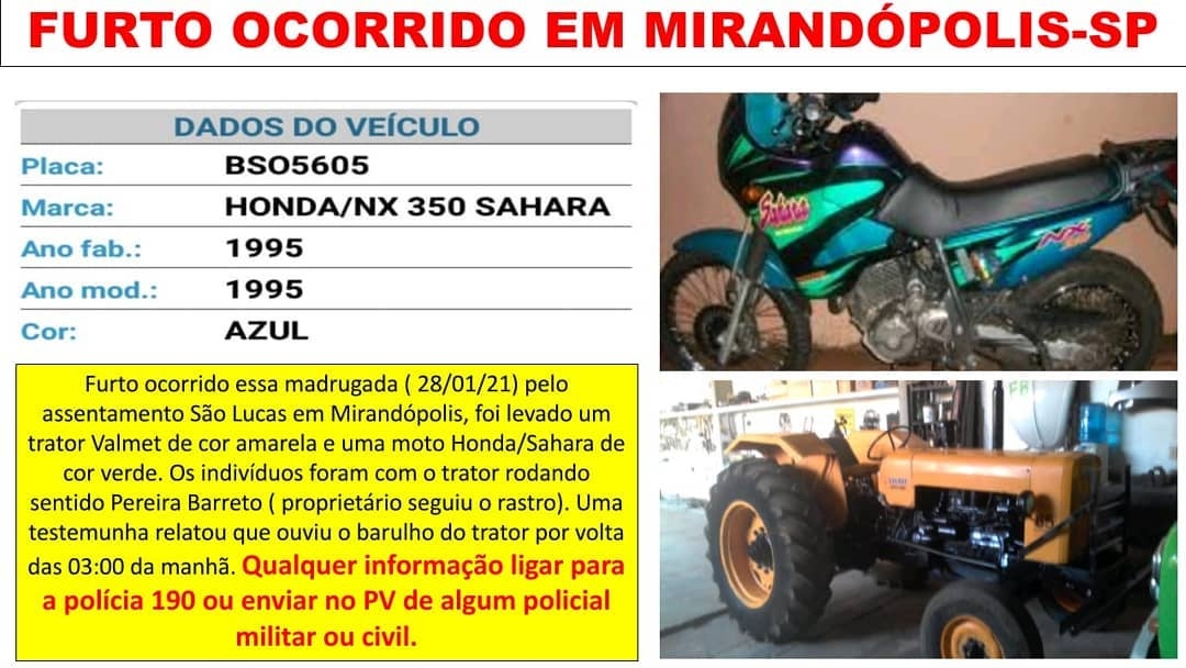 LADRÕES FURTAM TRATOR E MOTO NA MADRUGADA EM MIRANDÓPOLIS