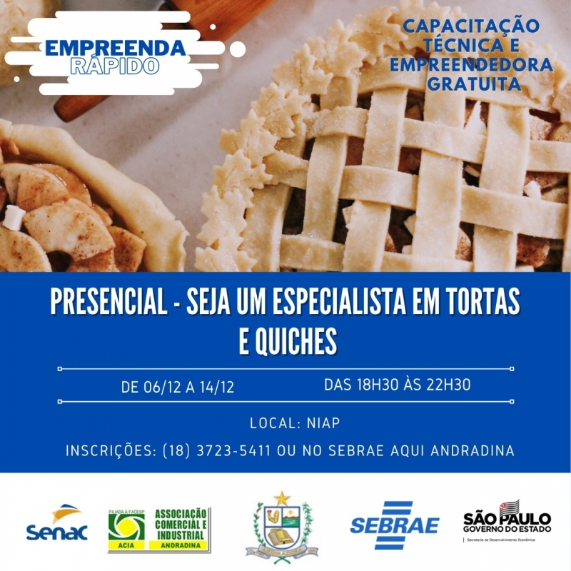 Em Andradina Sebrae está com inscrições abertas para curso gratuito presencial de preparo de tortas e quiches
