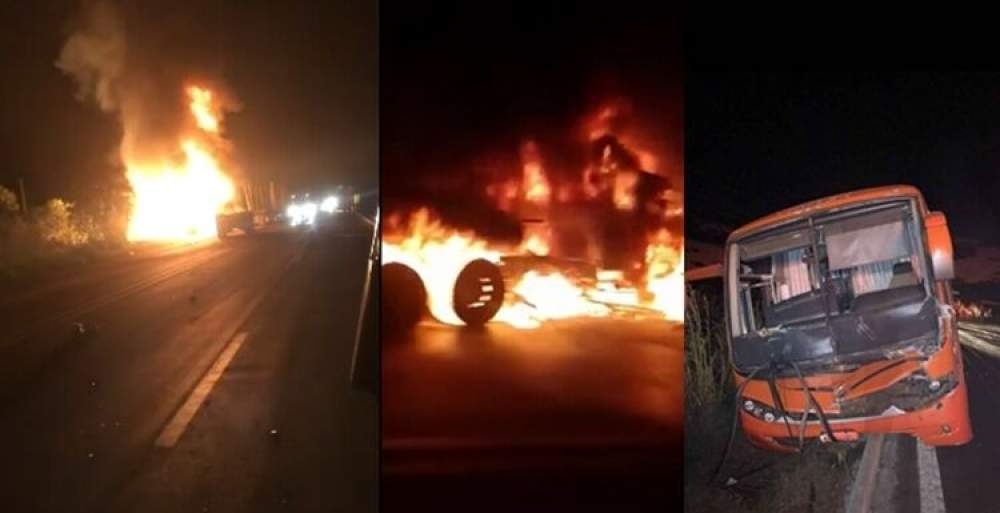 Carretas pegam fogo durante batida frontal na BR-262 entre Água Clara e Três Lagoas