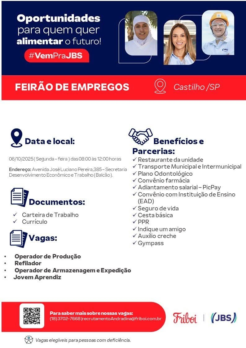 JBS Friboi de Andradina recrutará castilhenses para 04 funções na próxima segunda-feira