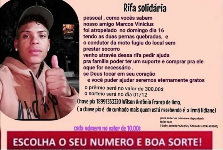 Jovem atropelado em Andradina tem as duas pernas quebradas; família organiza rifa solidária