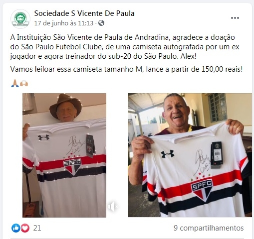 Asilo São Vicente de Paula de Andradina fará leilão de camisa do São Paulo Futebol Clube