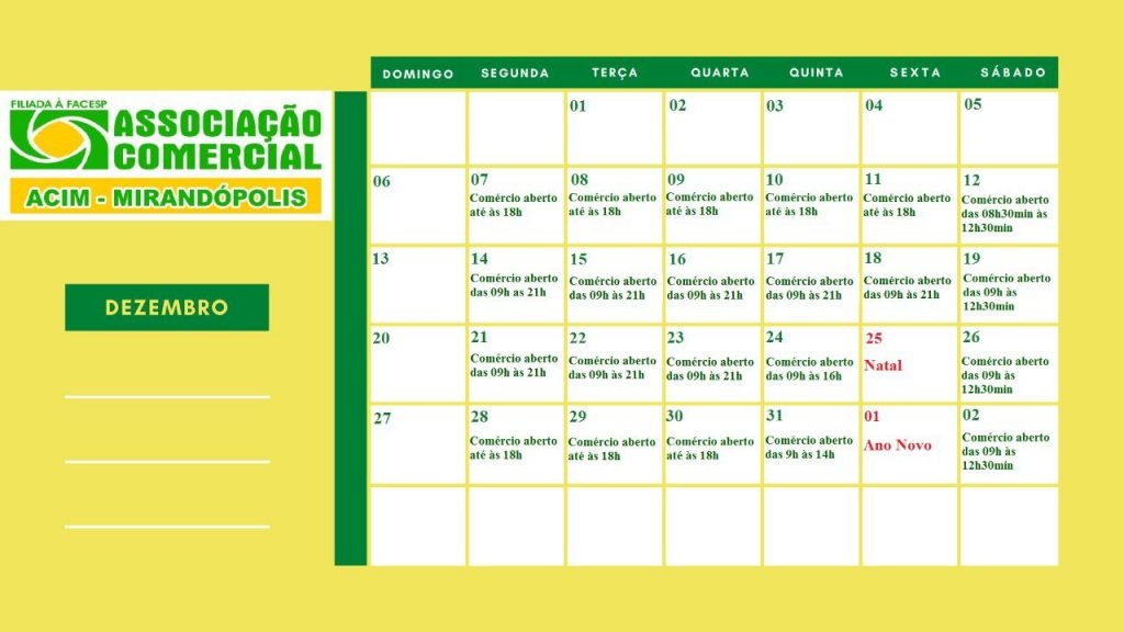 Associação Comercial de Mirandópolis divulga horários de funcionamento do comércio