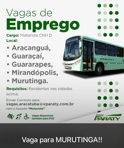 Viação Paraty tem vaga de emprego de motorista para Mirandópolis, Guaraçaí, Murutinga e outras cidades