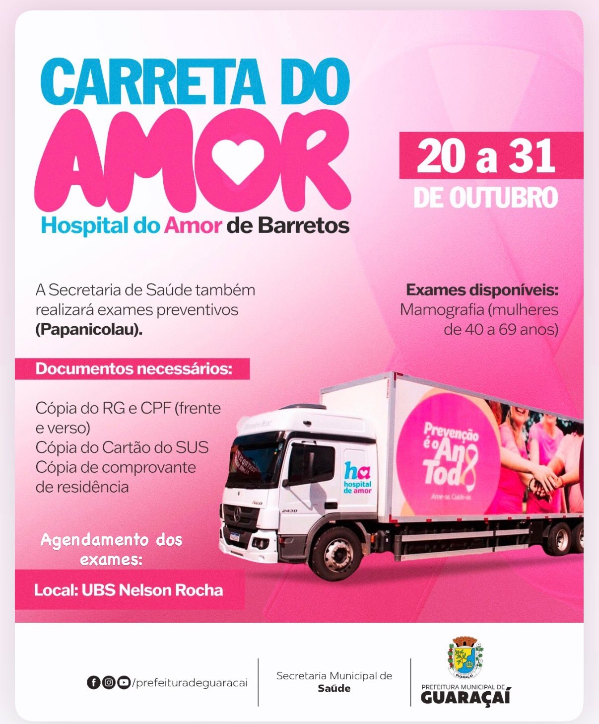 CARRETA DA MAMOGRAFIA do Hospital de Amor estará em Guaraçaí a partir de segunda-feira