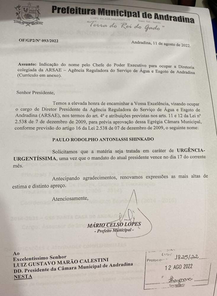 Prefeito de Andradina indica nome de Rodolpho Shinkado para a diretoria da Arsae