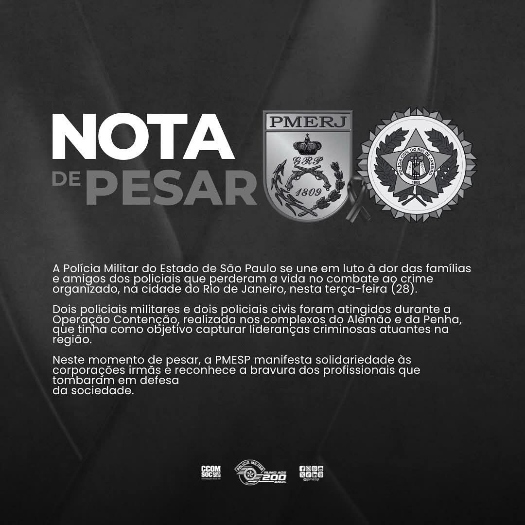 Polícia Militar de SP em luto pela morte de policiais no Rio de Janeiro