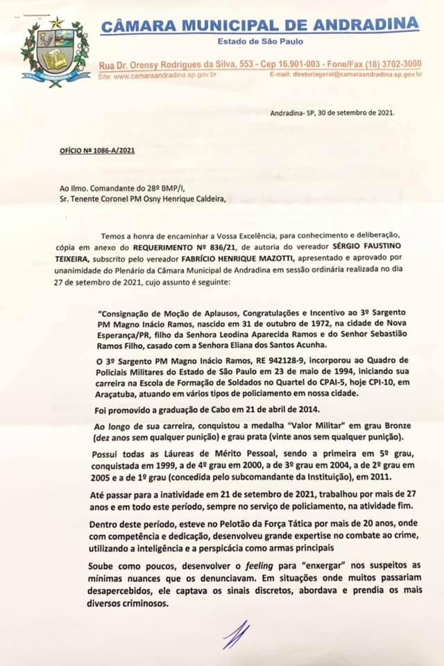 3º SARGENTO MAGNO RECEBE MOÇÃO DE APLAUSOS E CONGRATULAÇÕES DA CÂMARA DE VEREADORES DE ANDRADINA