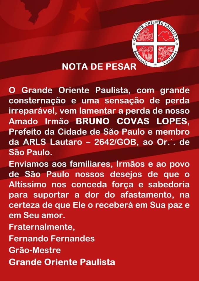 GRANDE ORIENTE PAULISTA CHORA MORTE DO IRMÃO BRUNO COVAS LOPES
