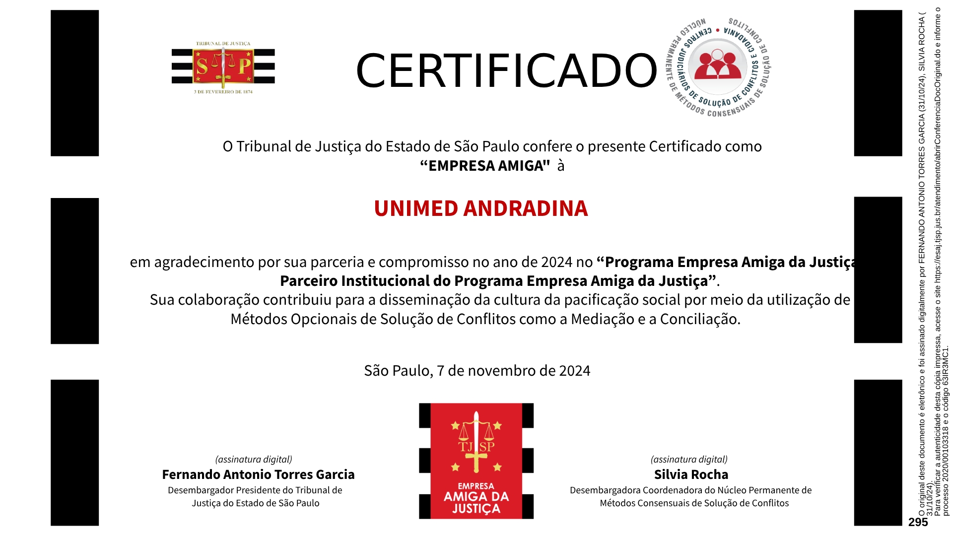 Unimed Andradina recebe selo de “Empresa Amiga da Justiça”