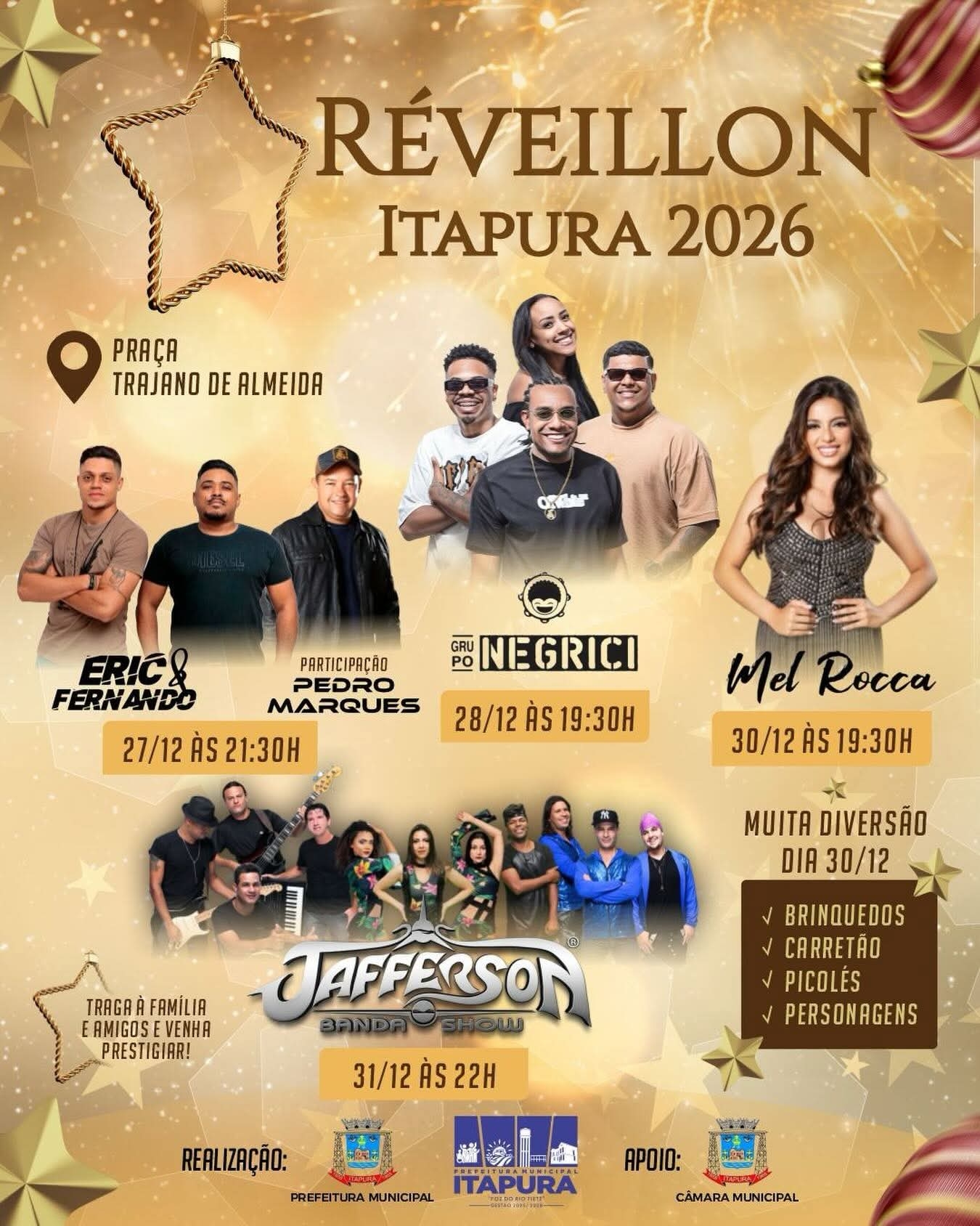 Programação especial do RÉVEILLON 2026 DE ITAPURA terá 04 noites de festas