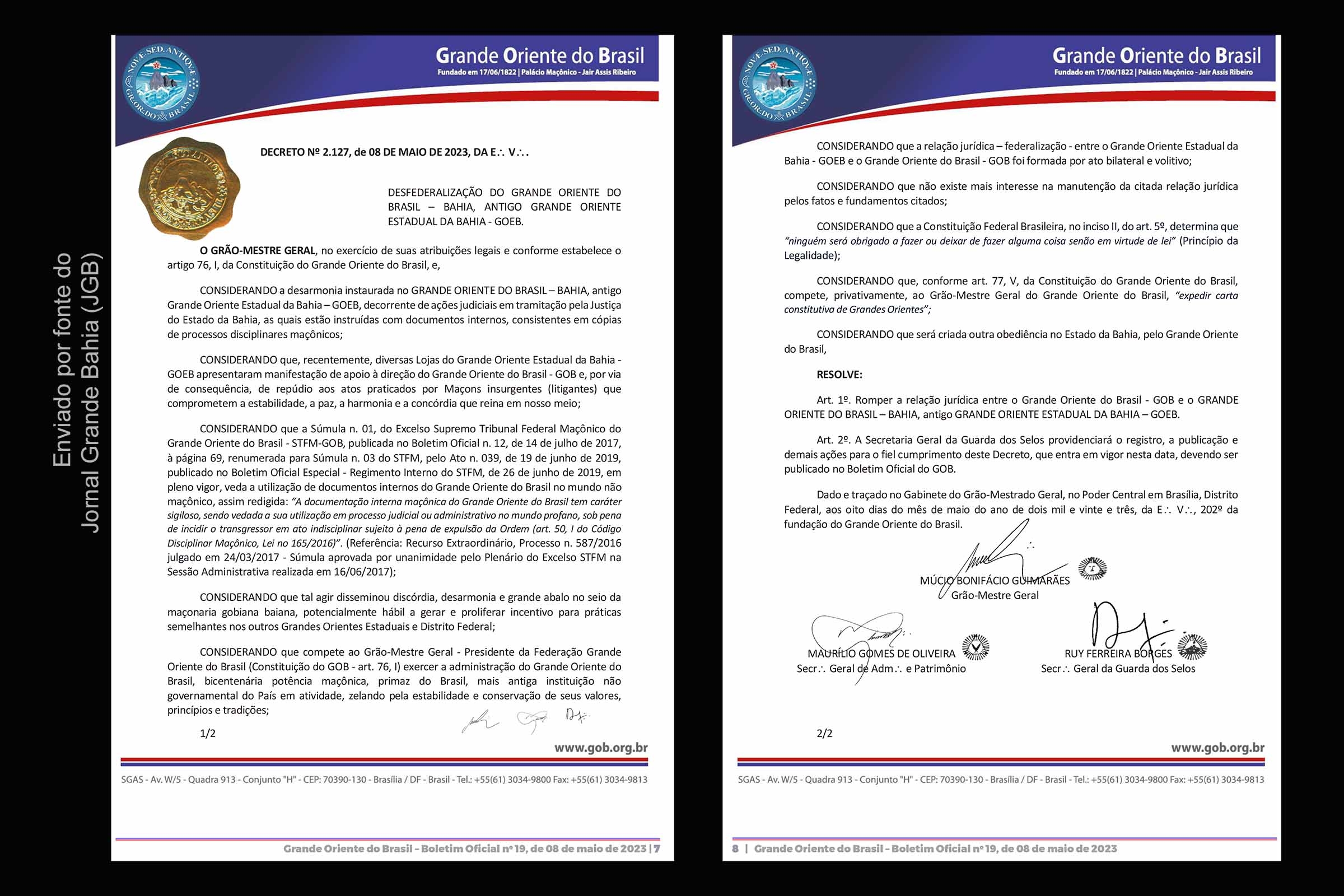 Crise entre GOB e representação da Bahia resulta em desligamento de entidade maçônica estadual