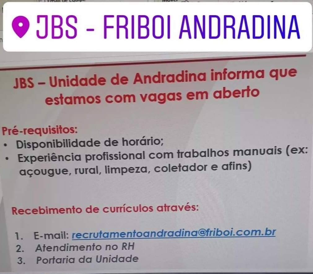 Frigorífico JBS Friboi de Andradina tem vaga de emprego