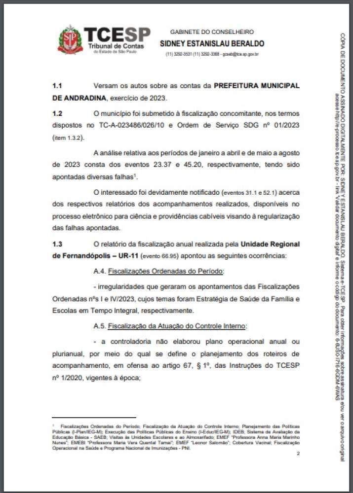 Tribunal de Contas aponta falhas na gestão da Prefeitura de Andradina
