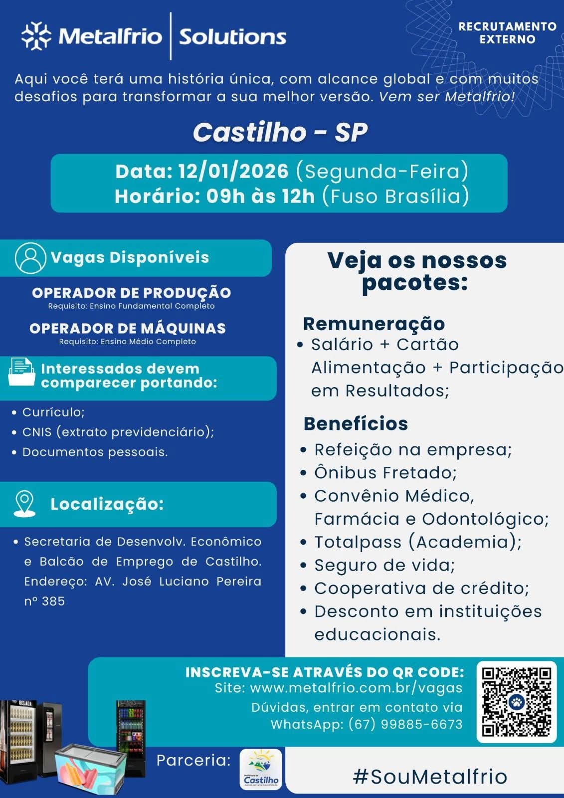 Balcão de Empregos de Castilho anuncia retorno da METALFRIO para o 1º recrutamento de 2026