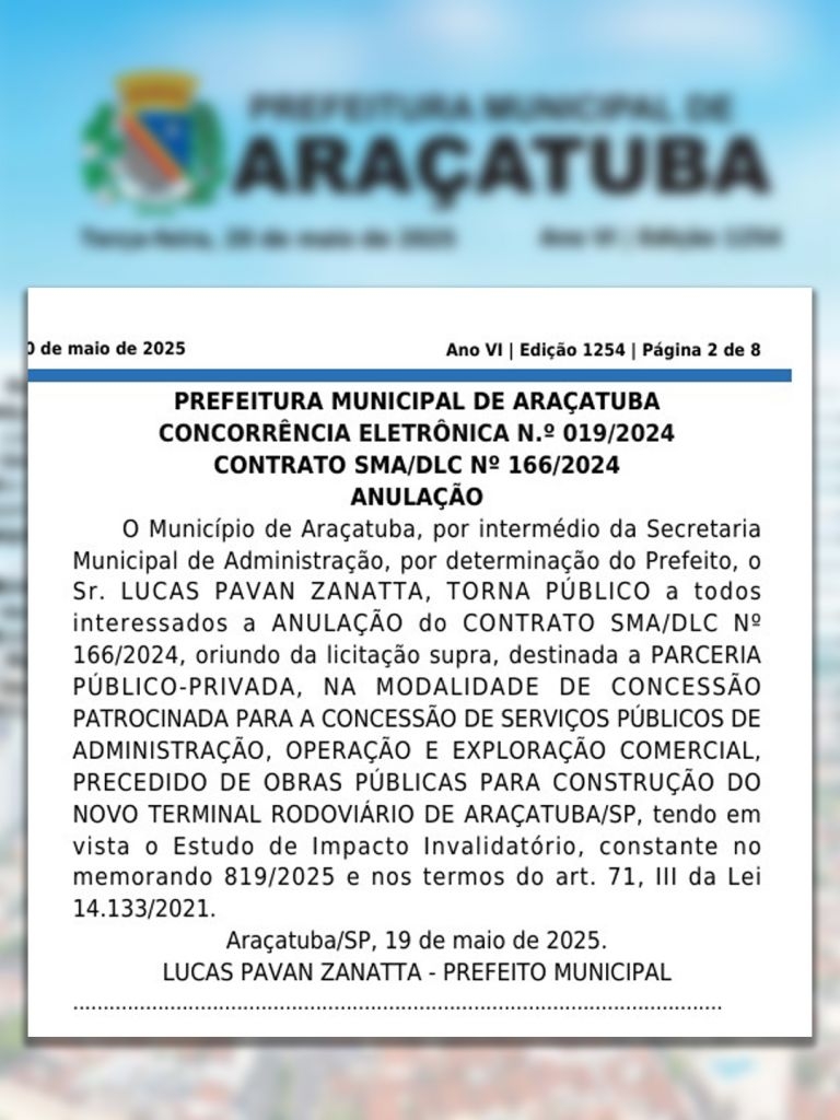 Prefeitura de Araçatuba publica cancelamento do projeto da nova rodoviária