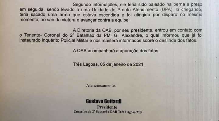 OAB pede esclarecimentos a respeito de morte durante ação policial em Três Lagoas