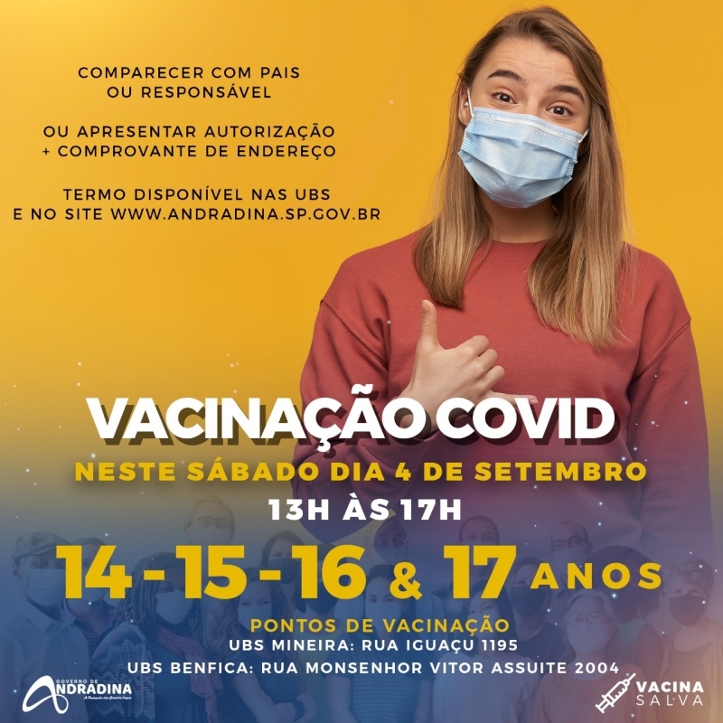 COVID 19: Jovens de 14 a 17 anos serão vacinados no sábado (4) em Andradina