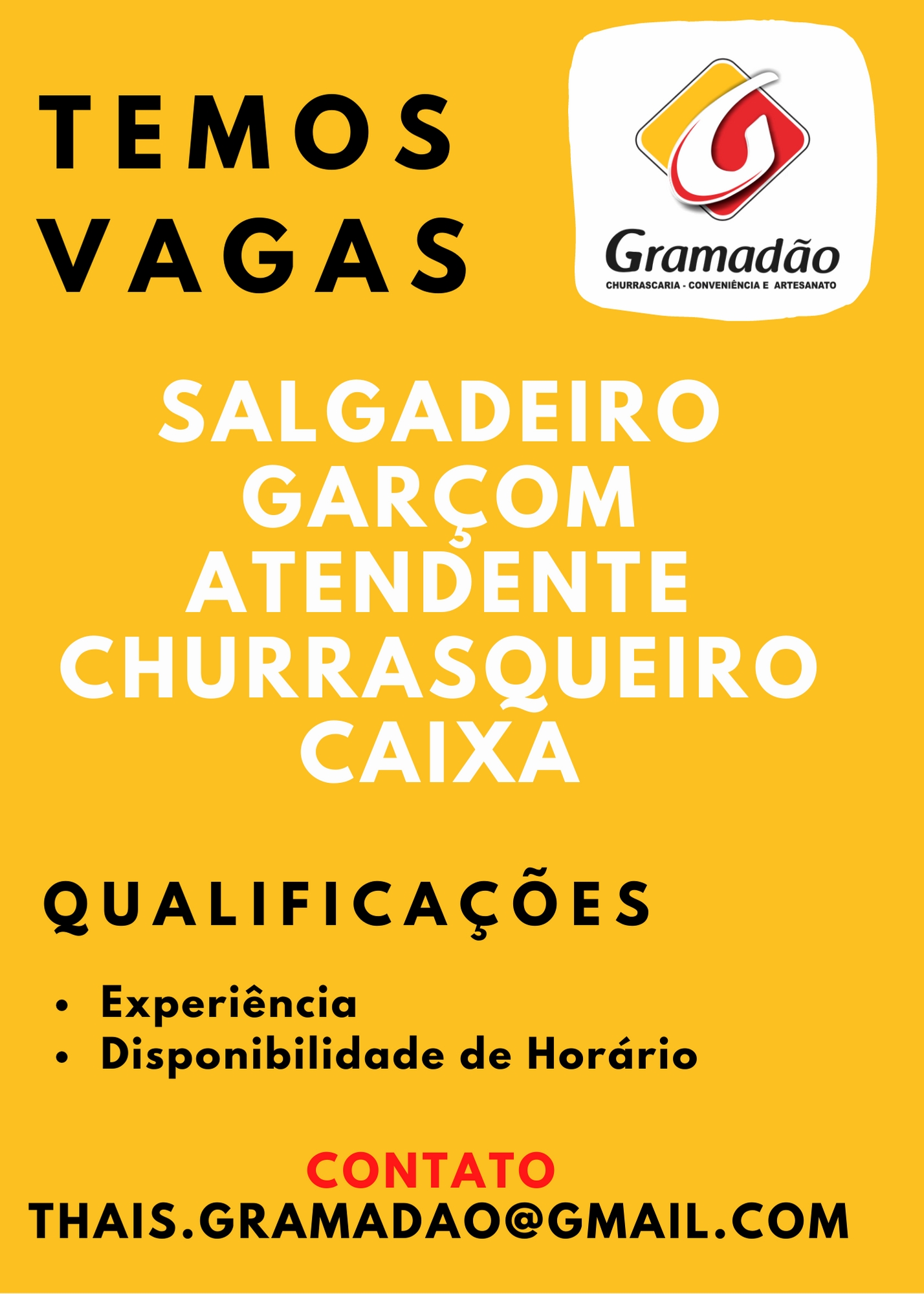 EM CASTILHO GRAMADÃO TEM VAGA DE ATENDENTE, GARÇOM E OUTRAS FUNÇÕES