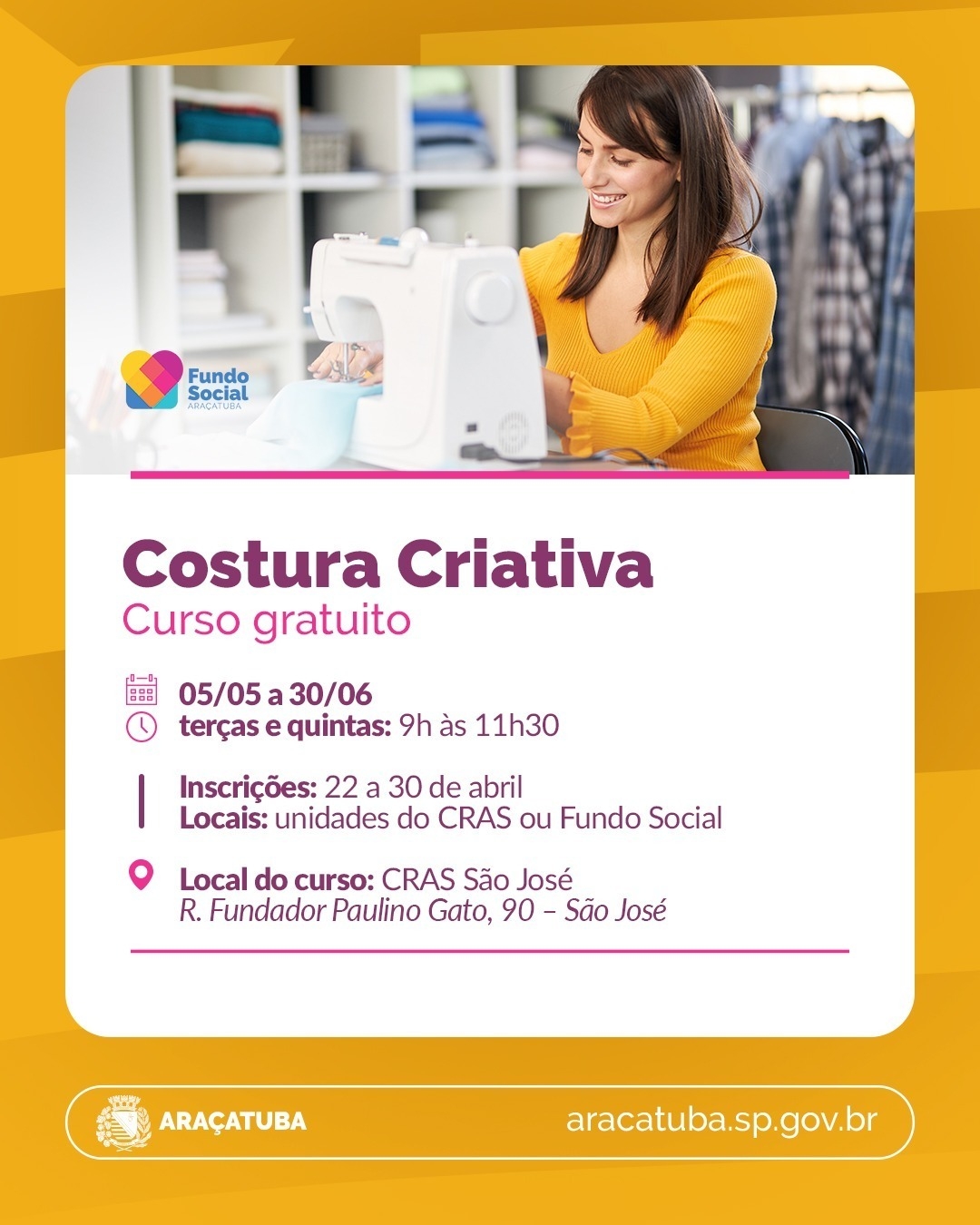 Fundo Social de Araçatuba abre 42 vagas para os cursos de Costura Criativa e Patch Aplique