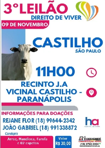 3º Leilão Direito de Viver será realizado em Castilho em prol do Hospital de Amor