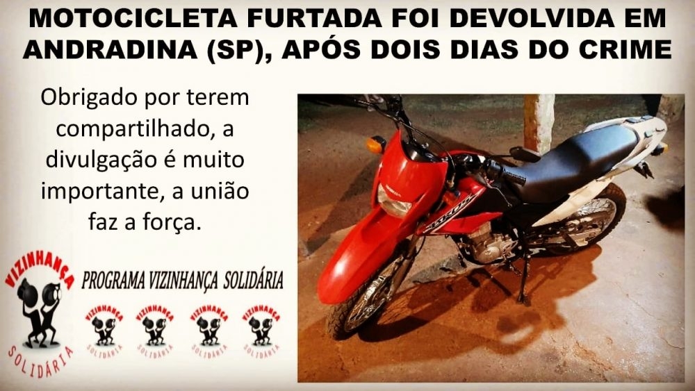 Ladrão devolve moto que ele furtou no ‘Dia da Mulher’ em Andradina