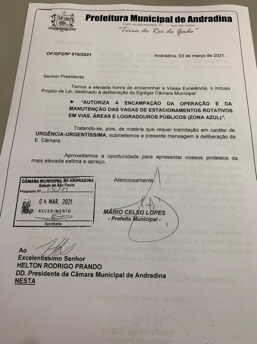 NOVO GOVERNO DE ANDRADINA MANDA PROJETO PARA ASSUMIR A ÁREA AZUL