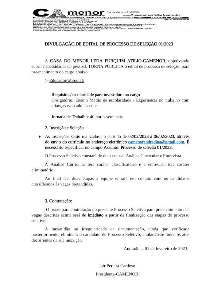 EM ANDRADINA CAMENOR CONTRATA EDUCADOR SOCIAL