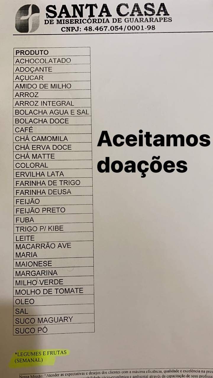 Passando por momentos difíceis, Santa Casa de Guararapes solicita doações de mantimentos; confira a lista