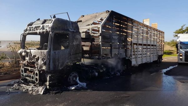 Caminhão fica destruído após pegar fogo na rodovia Feliciano Sales Cunha em Sud Mennucci