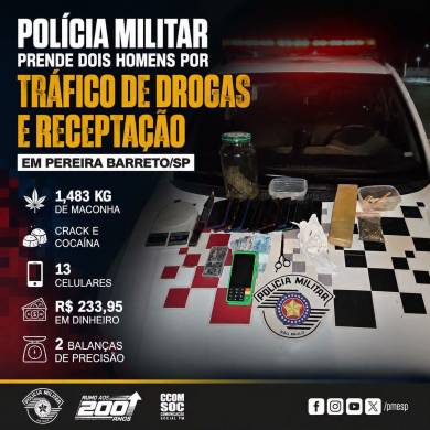 POLÍCIA MILITAR PRENDE DOIS HOMENS POR TRÁFICO DE DROGAS E RECEPTAÇÃO EM PEREIRA BARRETO