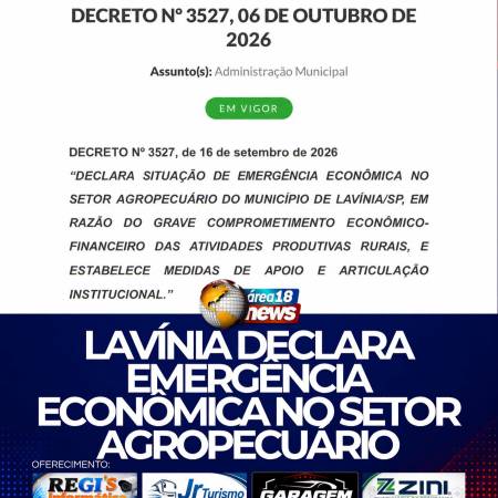 PREFEITURA DE LAVÍNIA DECLARA EMERGÊNCIA ECONÔMICA NO SETOR AGROPECUÁRIO